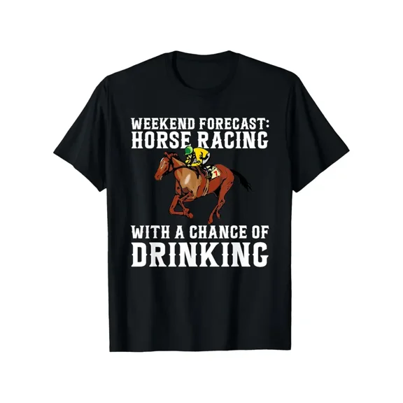Weekend Forecast: Horse Racing & Drinking" Derby-Inspired T-Shirt - 100% Cotton,, All-Season, Short Sleeve, Casual Black Tee with Jockey and Horse Graphic, Sizes S-XXXL