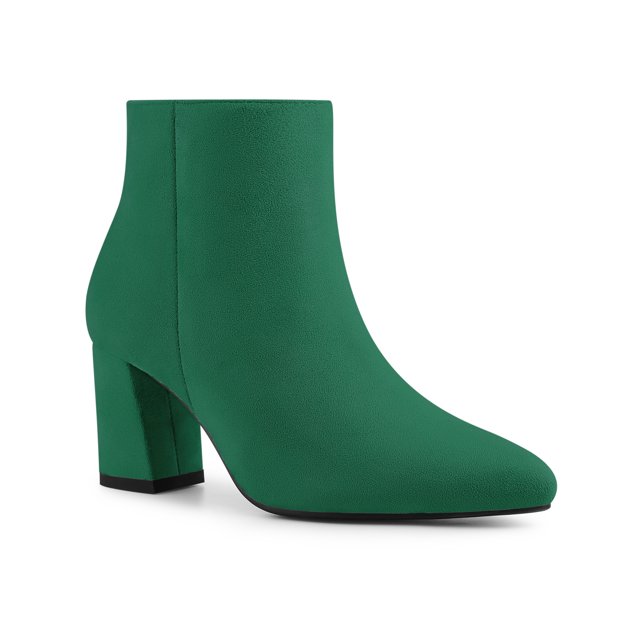 BLISSFUL STEP Women's Pointy Toe Side Zip Block Heels Ankle Boots Green 8.5