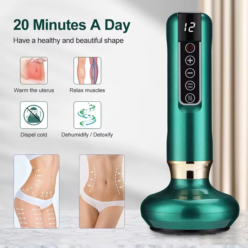 Electric Heated Cupping Massager – Cordless Gua Sha Device with Warm Stone & Red Light, 12 Suction Levels, Quick Release, Steel Ball Head, USB Rechargeable, Grey, A-15