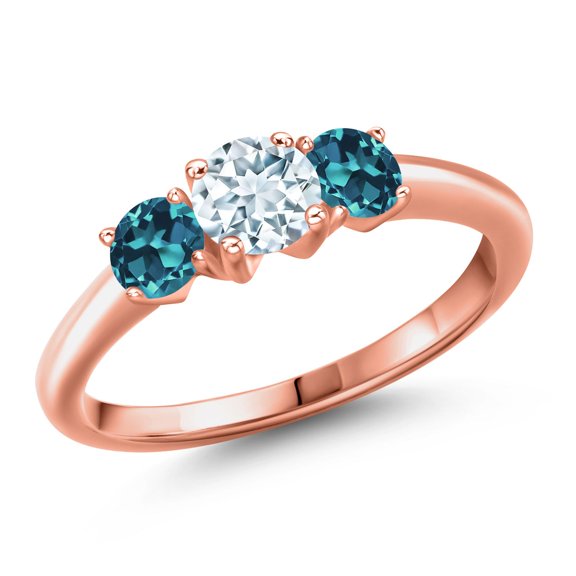 Gem Stone King 18K Rose Gold Plated Silver Sky Blue Aquamarine and London Blue Topaz Engagement Ring for Women | 1.16 Cttw | Round 5MM | Gemstone March Birthstone | Size 7