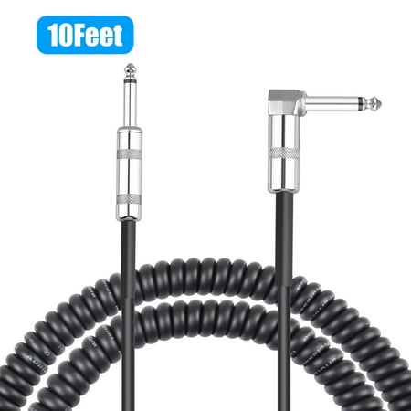 10 ft Coiled Guitar Cable Silver Plated Right Angle 1/4 Inch to Straight High Elasticity Curly Guitar Amp Cable for Electric Guitar Bass Keyboard Stretchable Instrument
