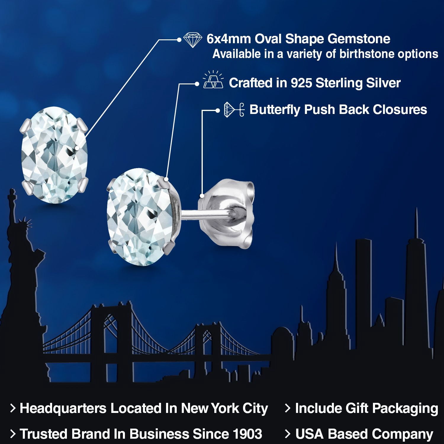 Gem Stone King 925 Sterling Silver Sky Blue Aquamarine Stud Earrings for Women Men (0.86 Cttw, Gemstone Birthstone, Oval 6X4MM)