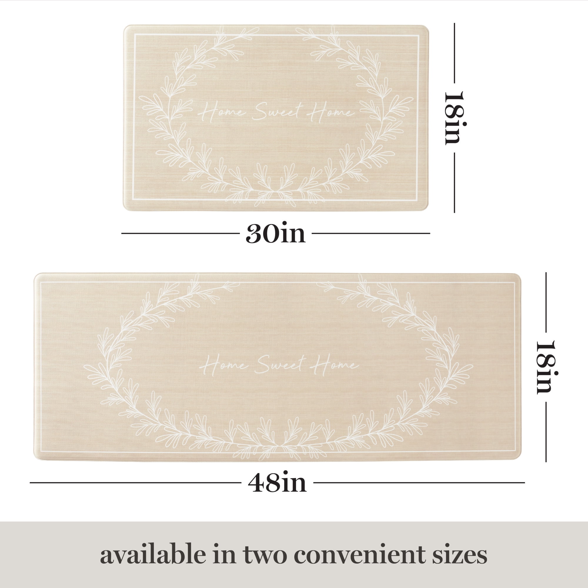 MARTHA STEWART Bloomfield Home Sweet Home Leaf Frame Kitchen Mat, Comfort Standing Mat, Non-Slip Backing, Water & Stain Resistant, Beige, 18"x30"