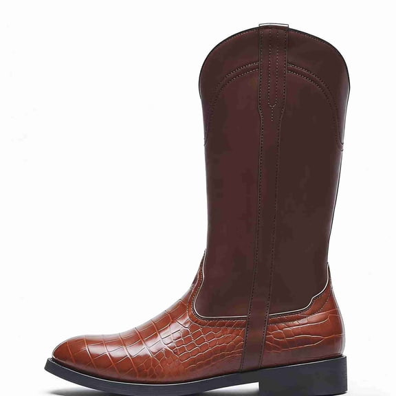 Men's Western Cowboy Boots, Crocodile Embossed Mid-Calf Boots, Square Toe, Pull-On Design for Casual Work & Daily Wear, Black/Brown