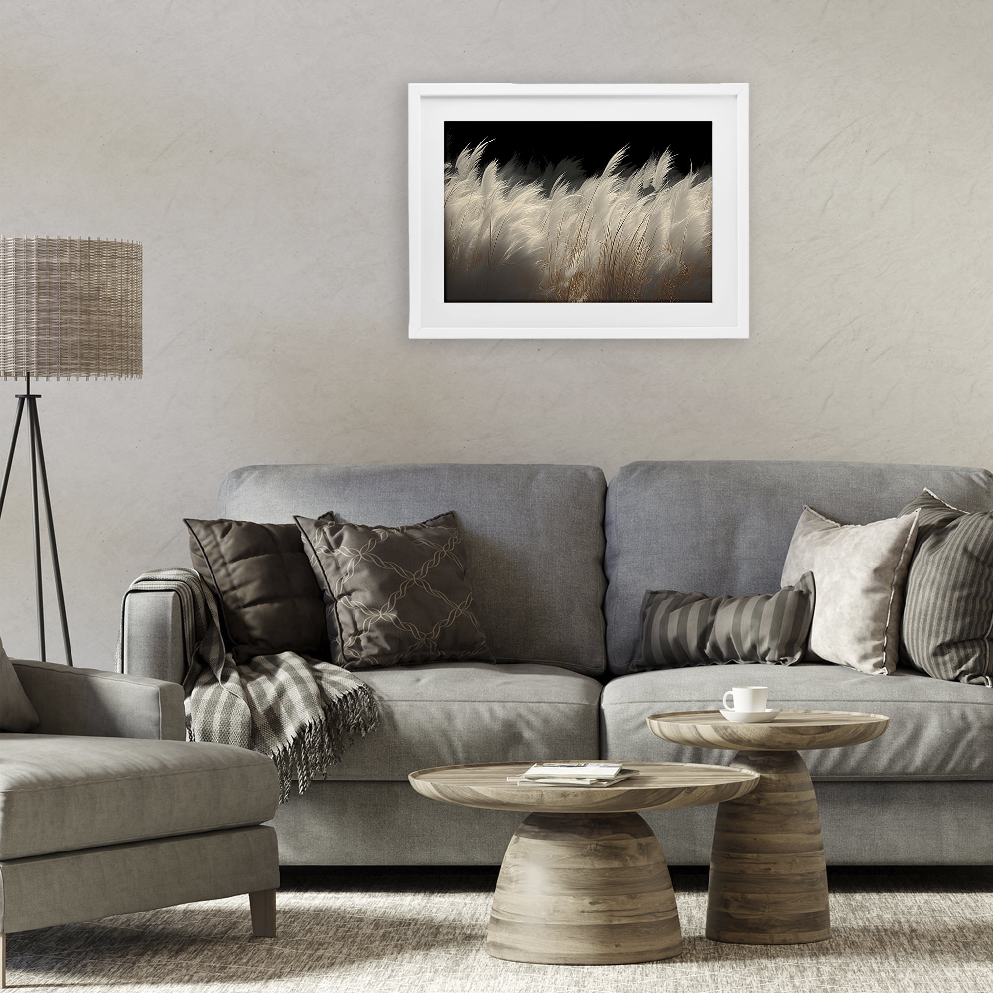 White Feathers Windblown Grasses White Framed Print Under Glass, design by Decent Exposures