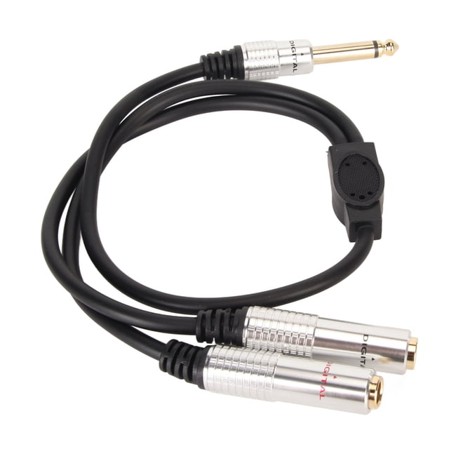 cable divisor estéreo en y, divisor estéreo de 1/4 de pulgada, conector mono macho a conector hembra doble, cable divisor de doble pulgada, parte superior de la línea — cable en Y con conector mono macho de 6,35 mm chapado en oro y dos conectores hembra estéreo de 6,35 mm chapados en oro; cable negro de aprox. 50 cm con funda OD 5,0 mm y casquillos de aleación de aluminio, diseñado para dividir una señal estéreo en dos salidas y compatible con amplificadores, mezcladores, teclados y sistemas HiFi; a menudo usado también para enviar una salida estéreo a dos monitores separados.