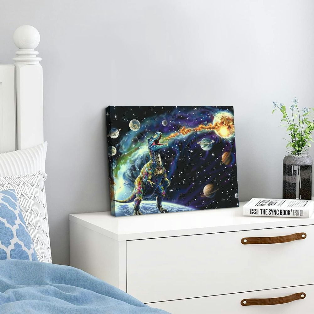 JRXY Dinosaur Decor Wall Art for Boy's Room Dinosaur Pictures Universe Space Decor Canvas Painting  Artwork for Living Room Bedroom  16x12inch