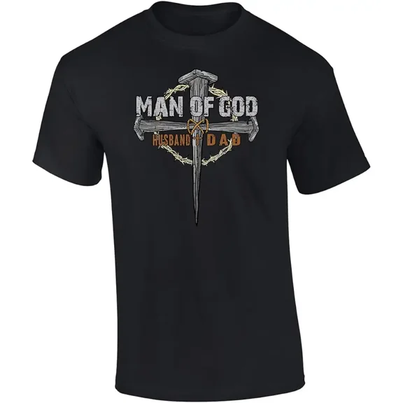 Man of God Husband Dad Christian Faith Cross Nails Graphic T-Shirt Retro Religious Father's Day Gift Tee for Men