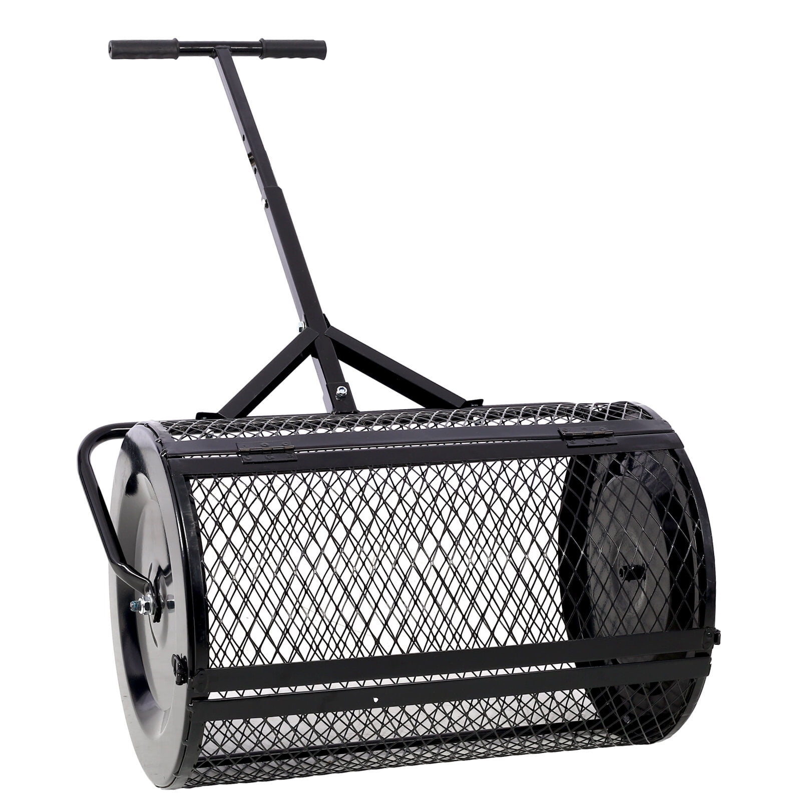 , Peat Moss Spreader 24inch,Compost Spreader Metal Mesh,T shaped Handle for planting seeding,Lawn and Garden Care Manure Spreaders Roller ,heavy duty, Black ,Steel ,