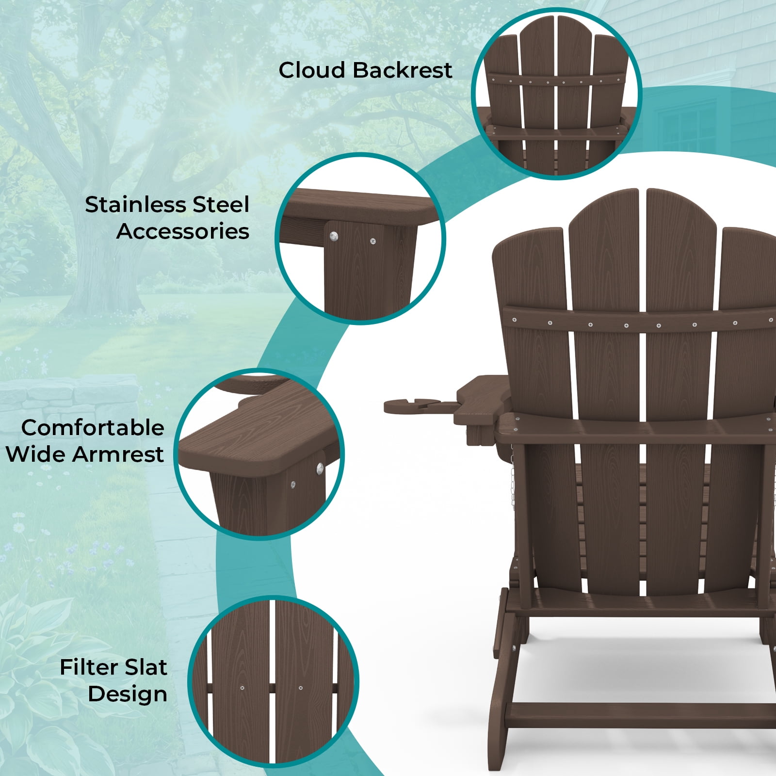 RIAFUN Outdoor Patio chair, Folding HDPE Resin Adirondack Chair with Double Cup Holder, Coffee Brown