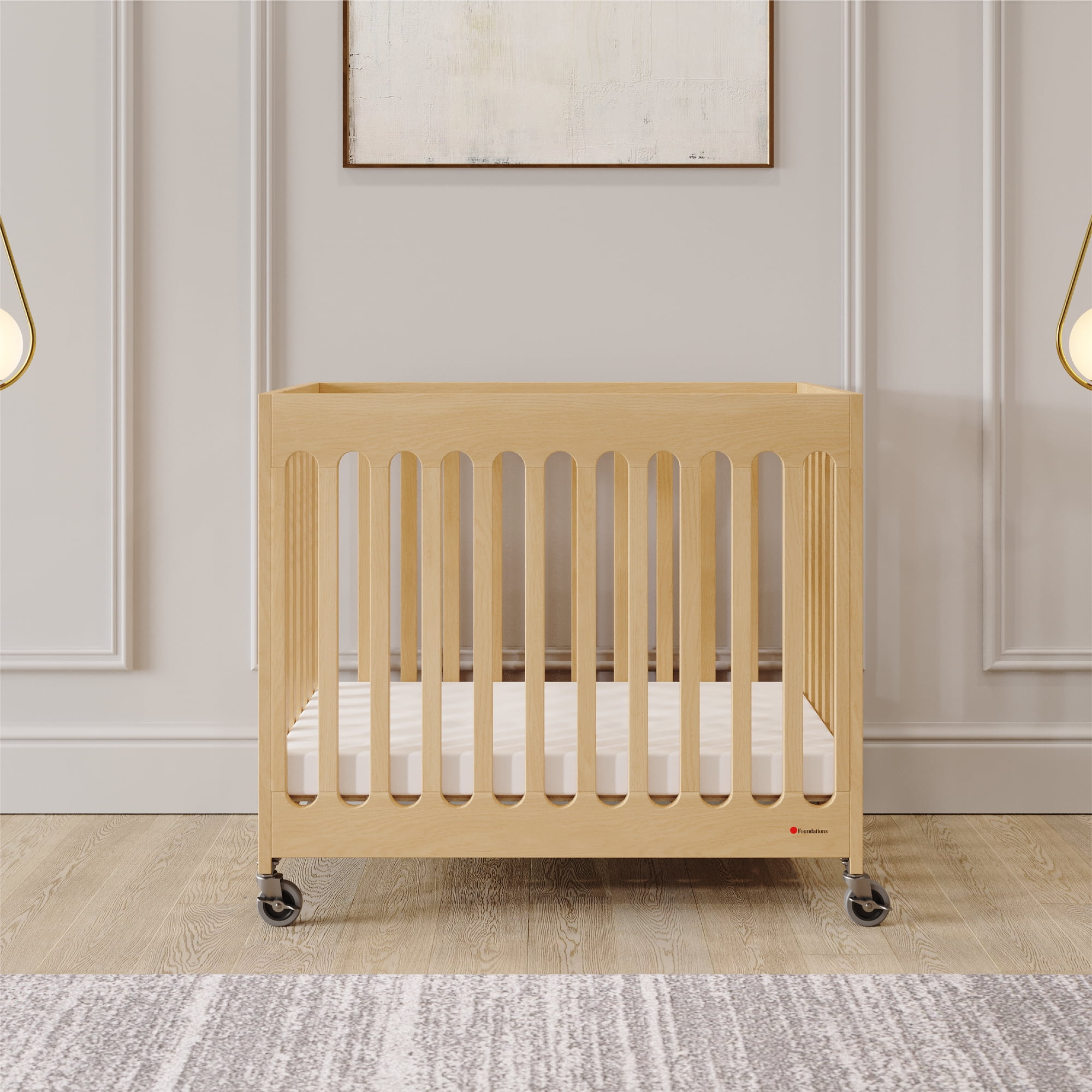 Foundations Boutique Compact Folding Hotel Crib with 3" Mattress and Locking Wheels, Natural