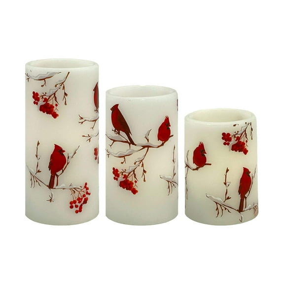 Battery Operated Wax Candles with Cardinal Design - Set of 3