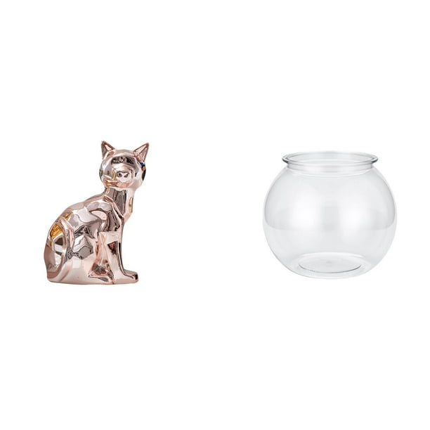Figura decorativa de escritorio de cerámica con estatua de gato y jarrón transparente tipo pecera, ideal para la decoración del hogar y la oficina.