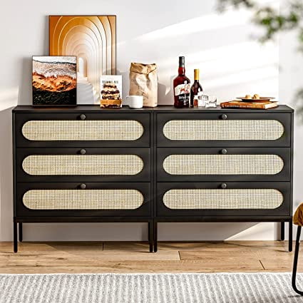 IKIFLY Set of 2 Rattan Dresser for Bedroom with 3 Drawers, Wood Closet ...