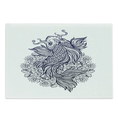 

Koi Fish Cutting Board Koi Carp Fish Hand-drawn in Dark Blue with a Lotus Flower Mandala Print Decorative Tempered Glass Cutting and Serving Board in 3 Sizes by Ambesonne