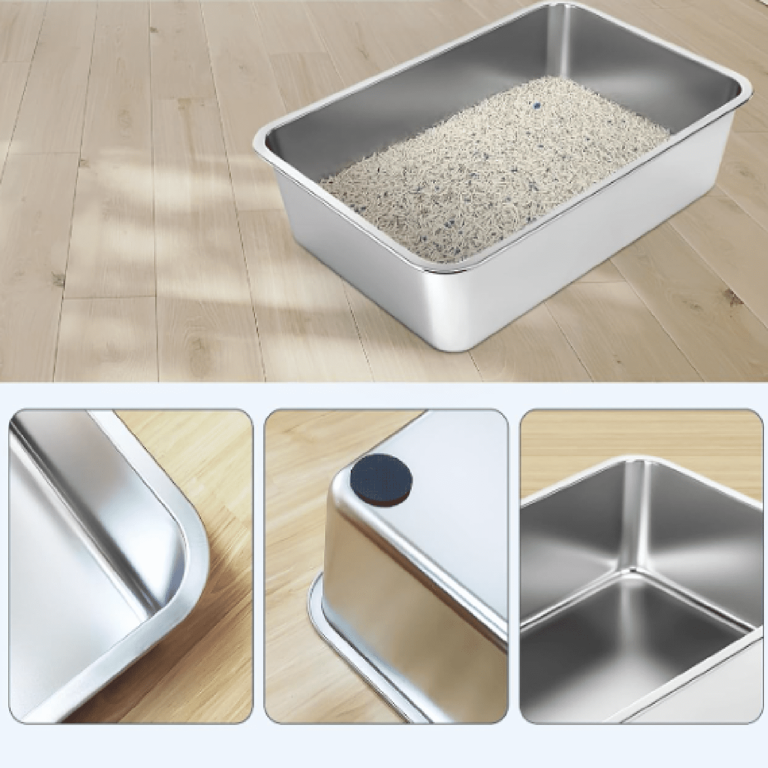 Stainless Steel Cat Litter Box, 4in Shallow Litter Box for Senior Cats and Kittens, Large Metal Litter Pan Nonstick Odor Control Anti-Corrosion