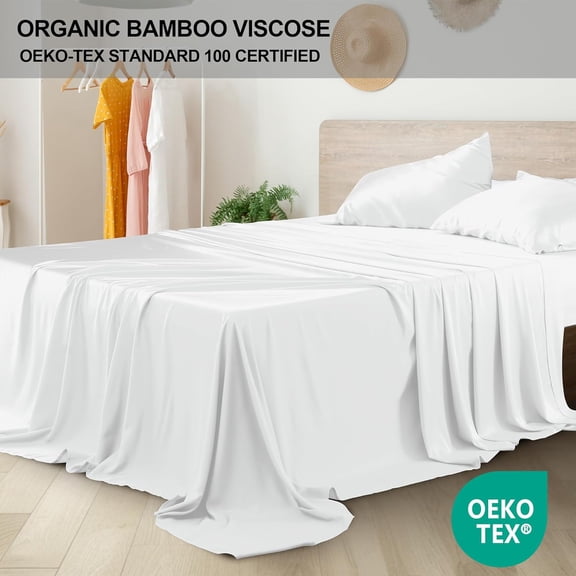 King Bed Sheets Set 4 Pieces Viscose Derived from Bamboo, 400 TC Cooling Bed Sheets, Breathable, Soft & Silky Sateen Weave Fits Mattress 8" Up to 16" Deep Pocket (White, King)