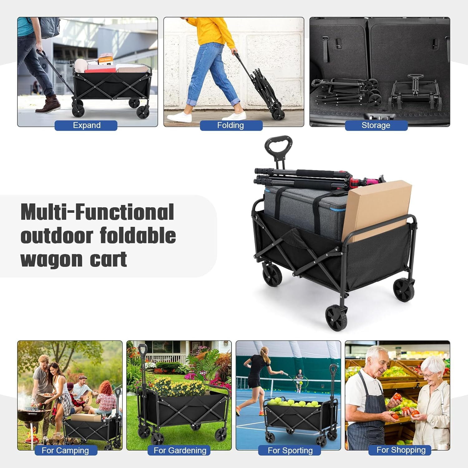 AENKYO Collapsible Folding Wagon, Heavy Duty Beach Cart, 220lb Weight Capacity for Sports and Camping