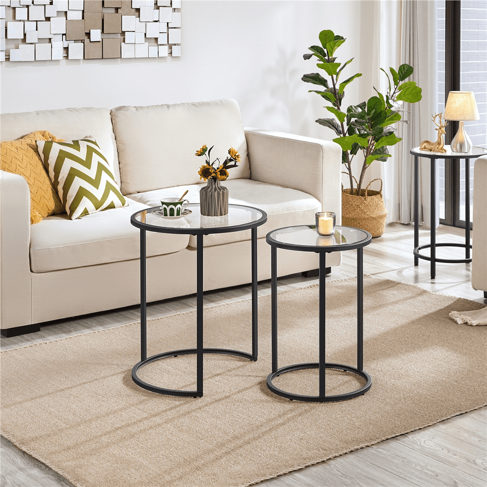 Alden Design Round Metal Nesting End Table Set of 2 with Glass Top for Living Room, Black
