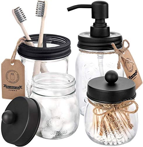 Mason Jar Bathroom Accessories Set Mason Jar Soap Dispenser+Qtip Holder 3Pcs Set 