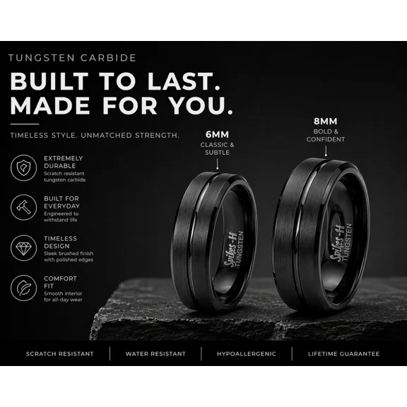 Brushed Black Tungsten Wedding Band Ring Men's Jewelry 6mm 8mm Sizes 7-13