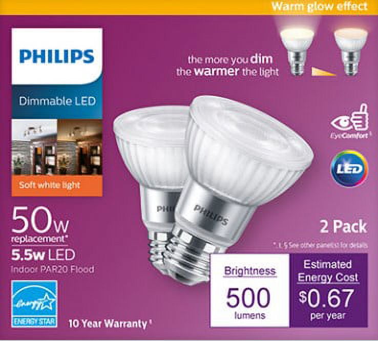 Philips LED 50-Watt PAR20 Spotlight Light Bulb, Bright White, 40-Degree Beam Angle & Spread, Dimmable, E26 Medium Base (2-Pack)