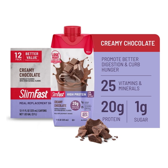 SlimFast Protein Shake, Chocolate- 20g Protein, Meal Replacement Shake Ready to Drink, High Protein with Low Carb and Low Sugar, 24 Vitamins and Minerals, 12 Count (Pack of 1)