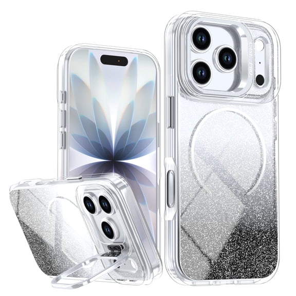 ELEHOLD Case for iPhone 17 Pro, Glitter Gradient Shockproof Dual-Layer Protection Case with Stand, Compatible with MagSafe Accessories,Black