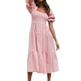 thumbnail image 4 of ZXSXSY Women Plaid Square Neck Elastic Chest Puff Sleeve Open Back Ruffled Midi Dress, 4 of 5