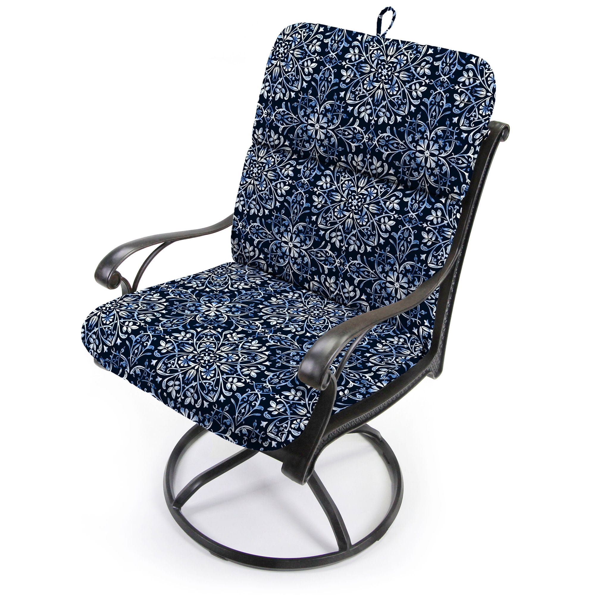 Jordan Manufacturing 45" x 22" Dresden Midnight Navy Damask Rectangular Outdoor Chair Cushion with Ties and Hanger Loop