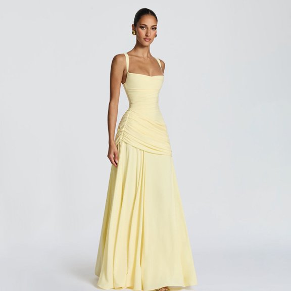 2026 Spring Women's Elegant Solid Color Low-Cut Long Dress