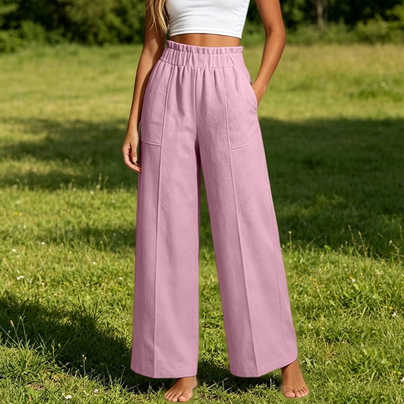 Yteetum Women's Linen Wide Leg Pants Baggy Elastic Waisted Cotton Linen Palazzo Pant Summer Fall Casual Solid Loose Comfy High Waist Lounge Pant
