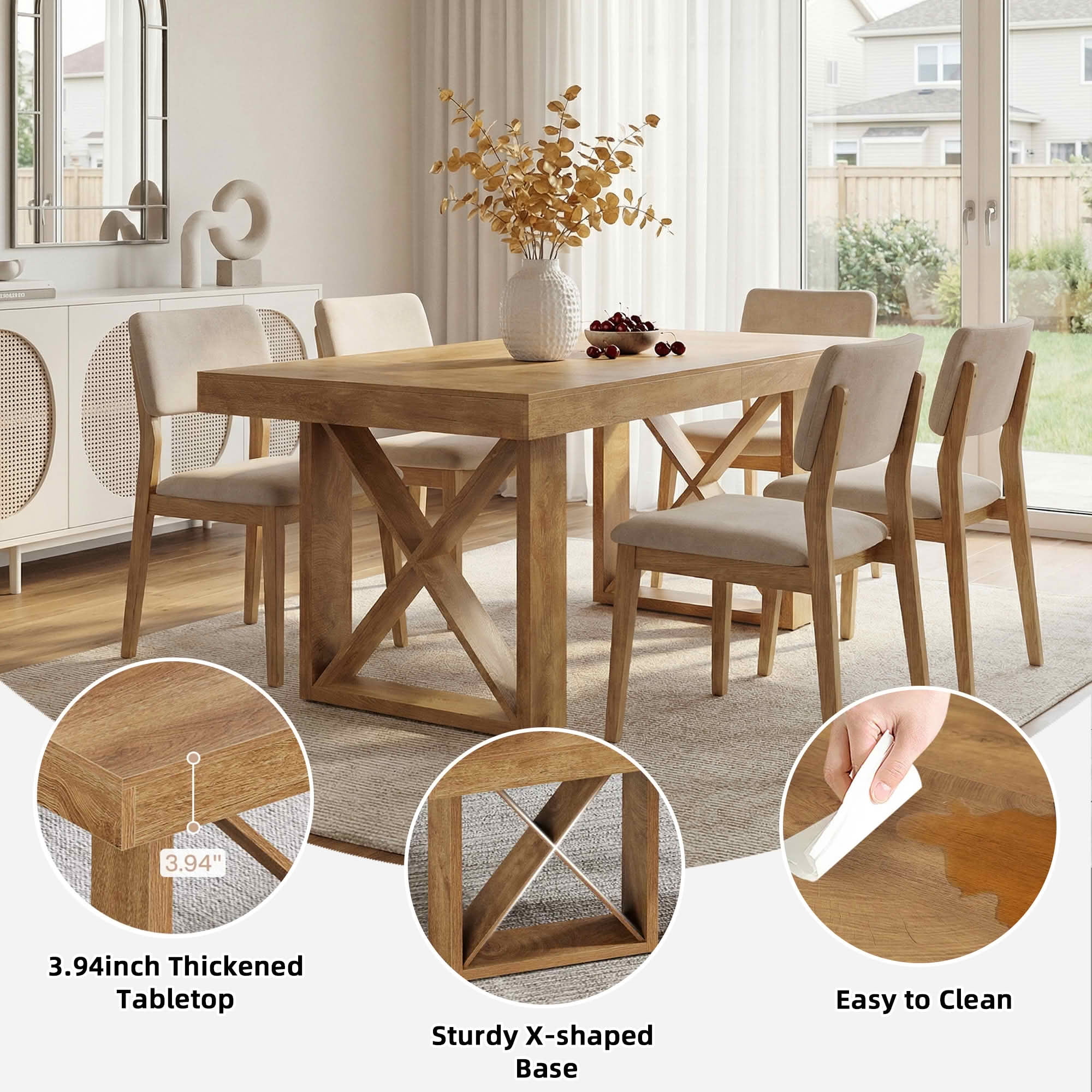 MAYEERTY 63 Inch Rectangular Farmhouse Dining Table, E1 Grade MDF Kitchen Dinner Table for 4 to 6 People
