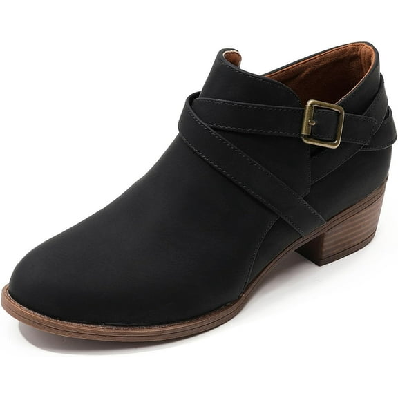 Women's Chunky Heel Ankle Boots | Booties with Side Zipper & Strap Detail | Stacked Low Heel for Comfort