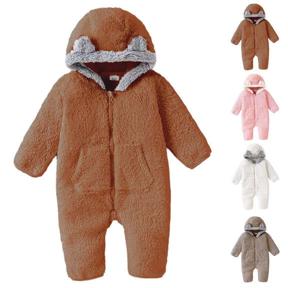 PureCasa Bear Outfit Suit for Girls Boys 3-18 Months Solid Color Warm Fleece Long Sleeve Winter Clothes Hooded Romper Snowsuit