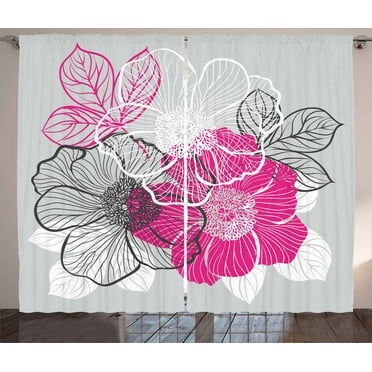 Ambesonne Grey Curtains 2 Panel Set, Abstract Bridal Peonies, 108" x 90", Grey Magenta White