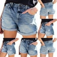 thumbnail image 2 of biudgviw Jean Shorts for Women Ripped High Waisted Cuffed Hem Denim Shorts Wide Leg Stetchy Lounge Streetwear Casual Shorts with Pockets, 2 of 7