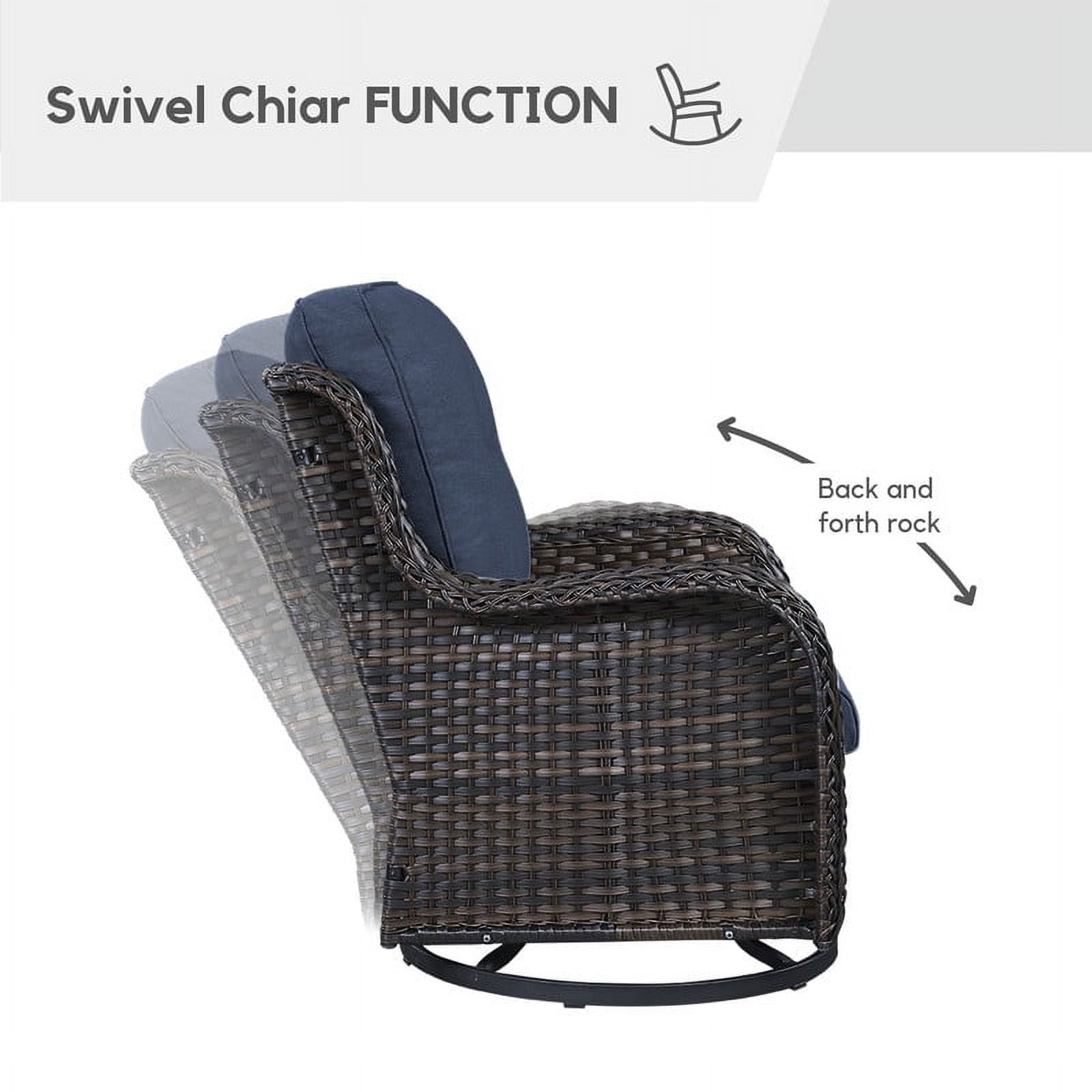 PARKWELL 5-Piece Outdoor Conversation Sets,Wicker Swivel Gliders with Ottomans,Side Table,Patio Seating Furniture with Blue Cushions,Brown Wicker
