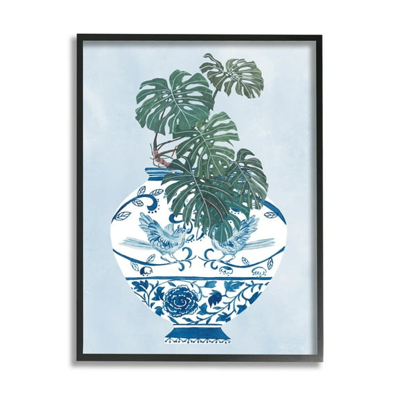 Stupell Industries Monstera Palm Plant Ornate Blue Bird Vase Scene, 16 x 20, Design by Melissa WangÂ 