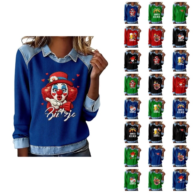 Mardi Gras Chemises à Manches Longues pour Femmes 2026 Mode Denim Patchwork Col à Revers Chandail en Molleton Graphique