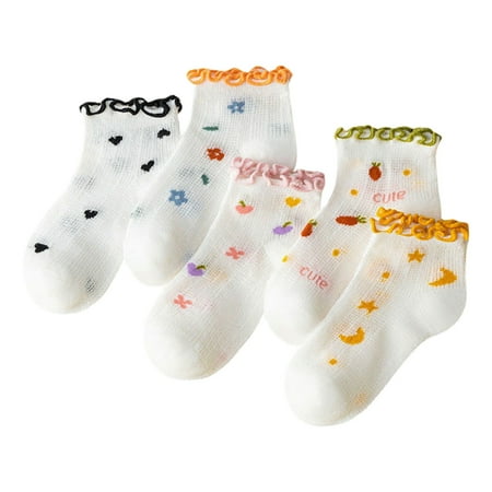 

Chenyuanyuan Toddler Socks Kids Girls Mesh Socks Breathable Soft Comfortable Cute Ruffle Lace Cartoon Fruit Star Moon Pattern Daily Walking Wear Size S