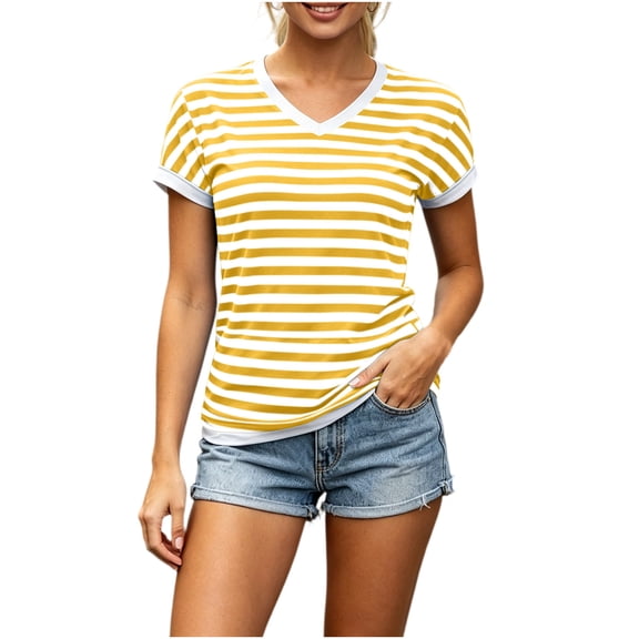 QSAWXQZ Women's Striped T Shirts V Neck Short Sleeve Summer Casual Tops M