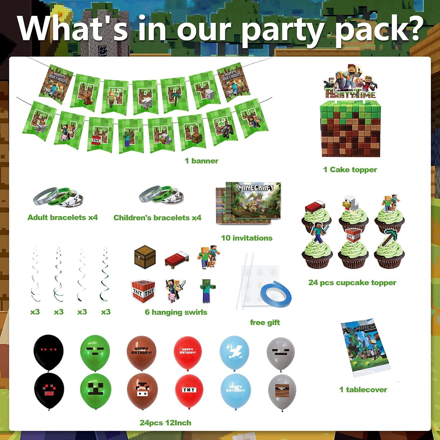 Minecraft Party Supplies, Pixel Style Gamer Birthday Party Decorations Set of 4 Including Banner, Latex Balloons, Cake Topper, Cupcake Toppers, Party ...