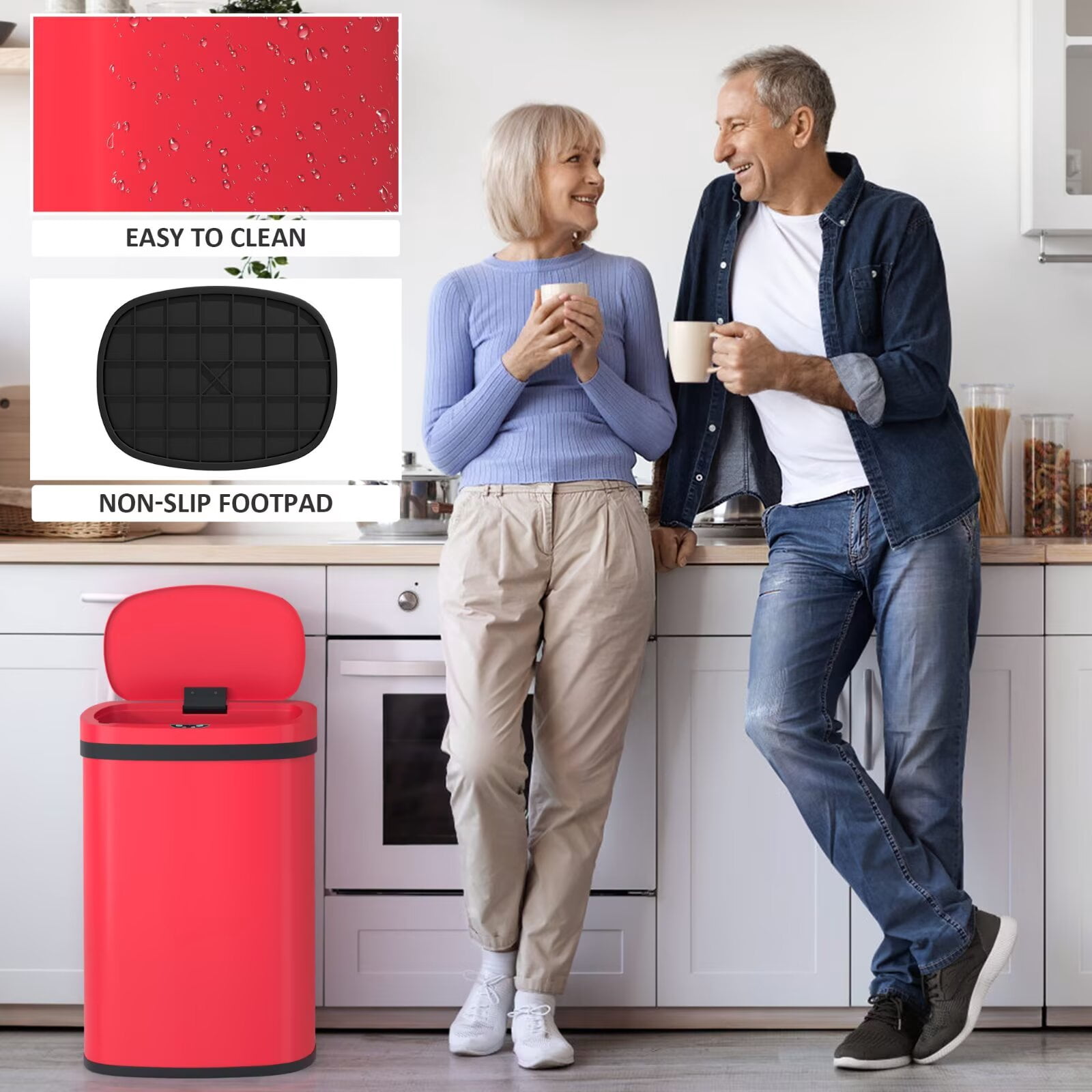 YRLLENSDAN 13 Gallon Touchless Stainless Steel Trash Can, Automatic Garbage Cans with Lid, Motion Sensor Wateproof Trash Bin for Kitchen Bedroom Bathroom Office, Red
