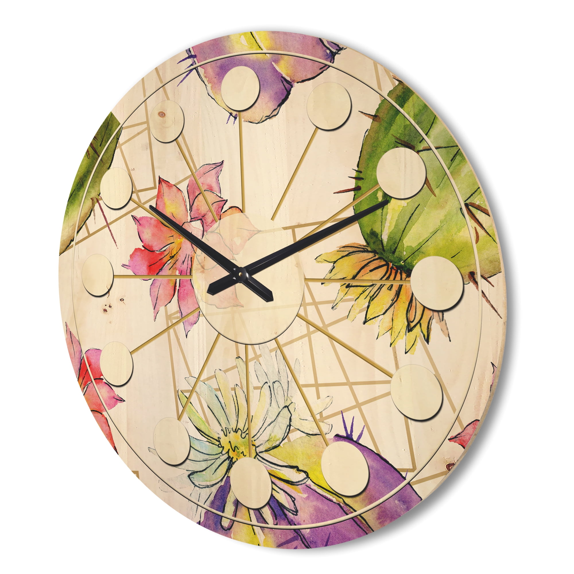 Designart 'Green Cactus Pattern On White' Mid-Century Modern Wood Wall Clock