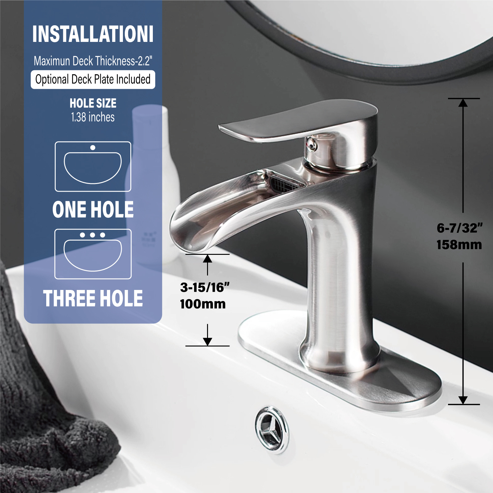 Yundoom Brushed Nickel Waterfall Bathroom Faucet photo 7