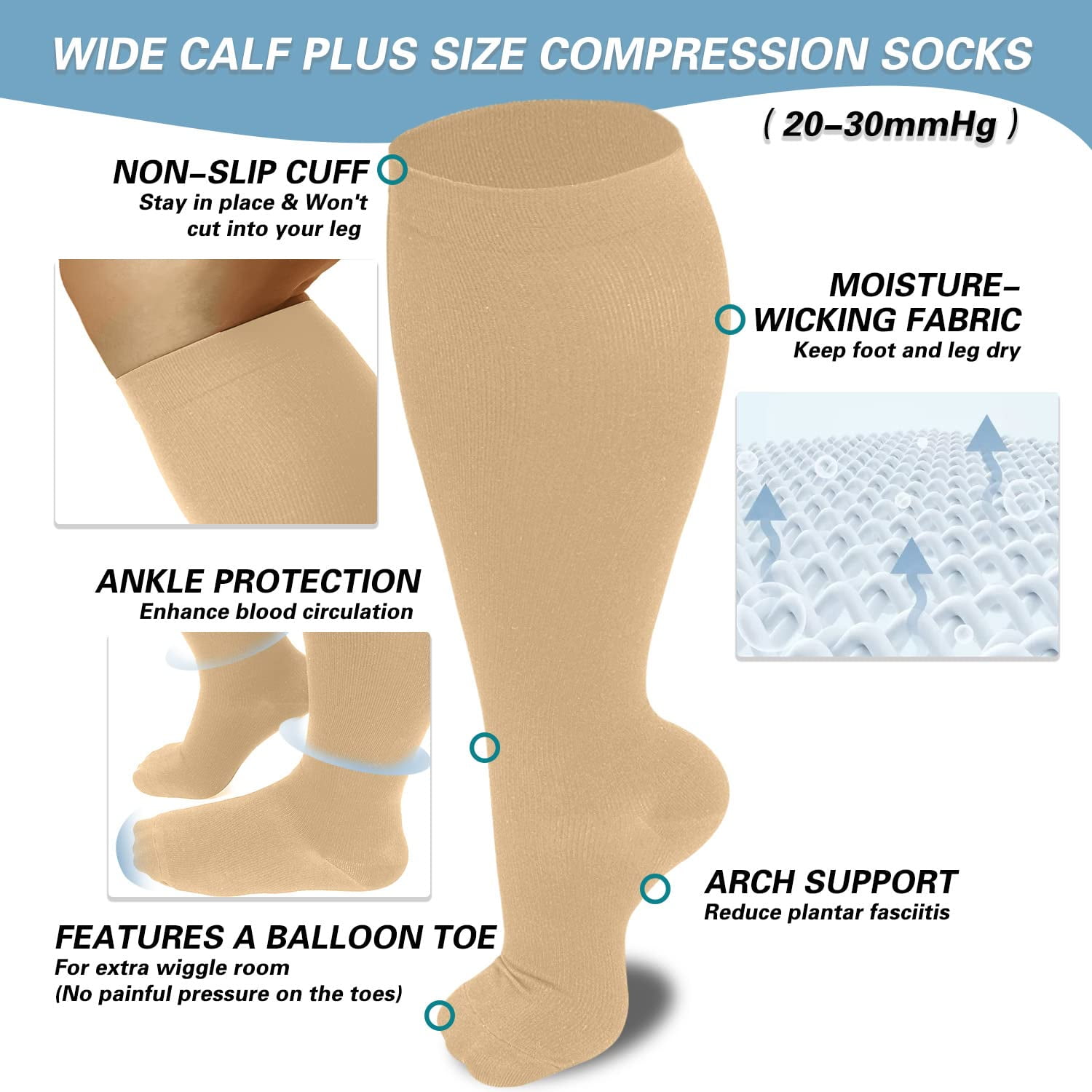 Lefowru 3 Pair Medical Plus Size Compression Socks Extra Wide Calf for  Women para Varices 20-30 mmHg