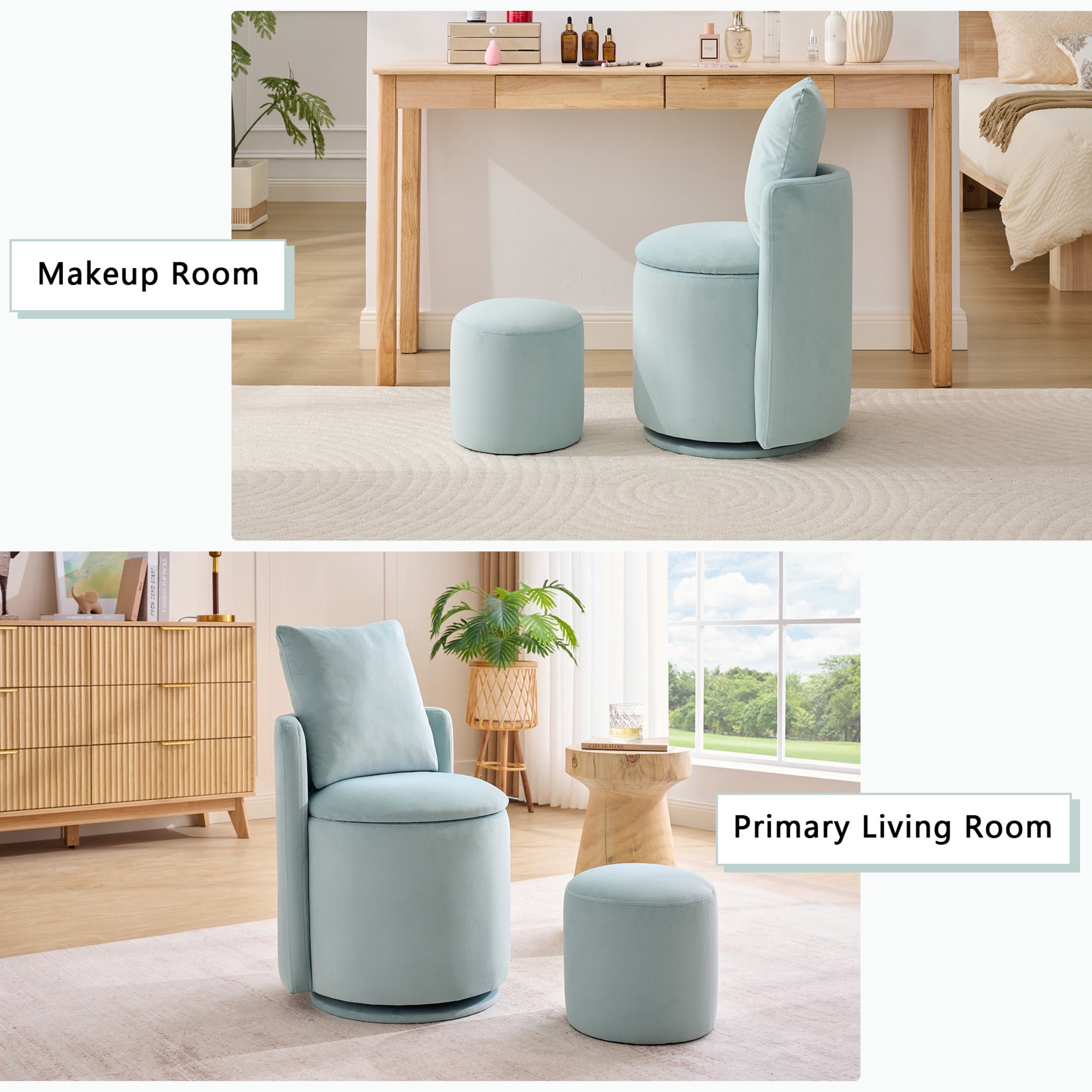 Noble House Velvet Swivel Accent Chair with Ottoman & Toss Pillow, Storage Barrel Chair, Aqua