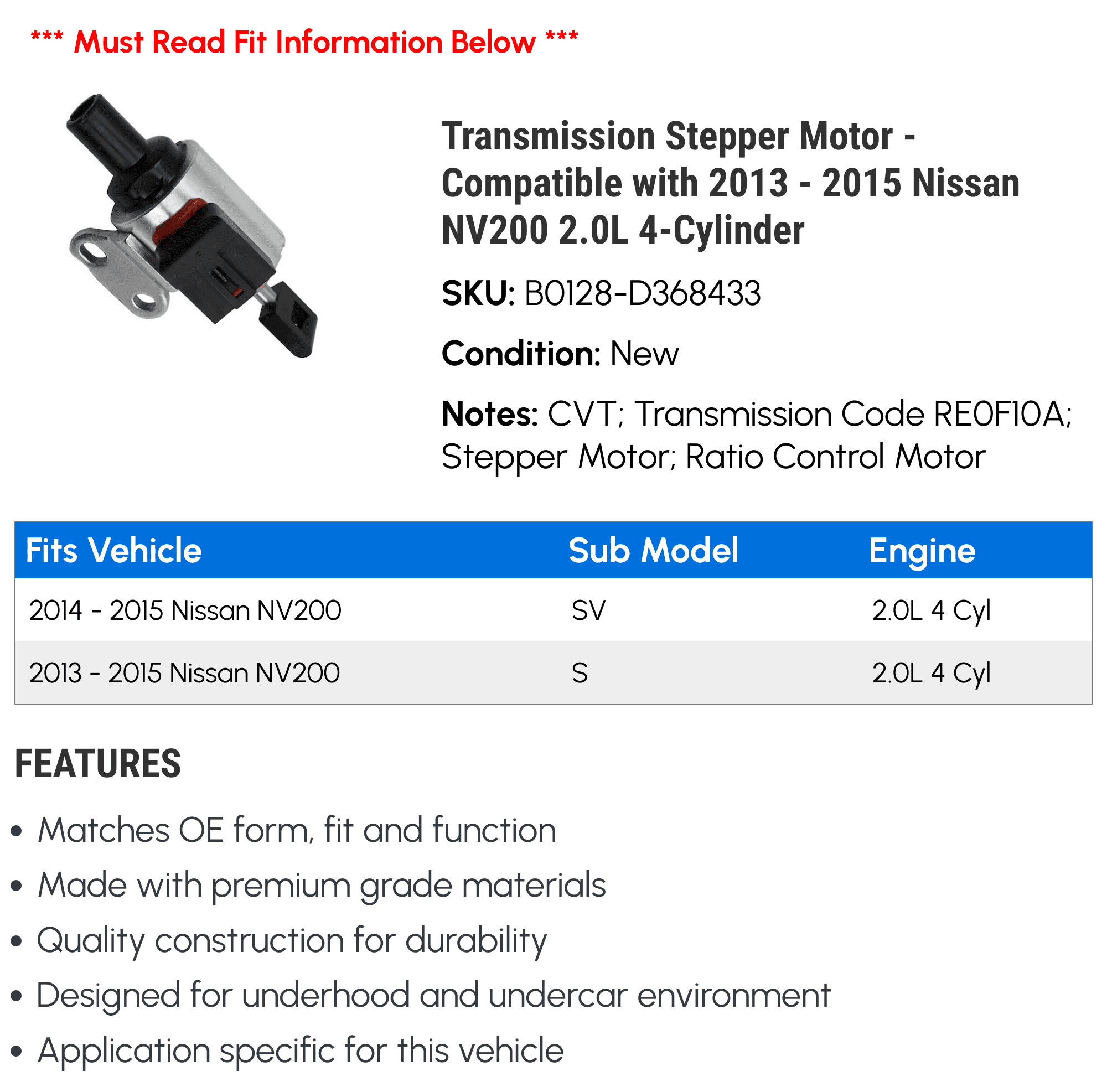 Transmission Stepper Motor - Compatible with 2013 - 2015 Nissan