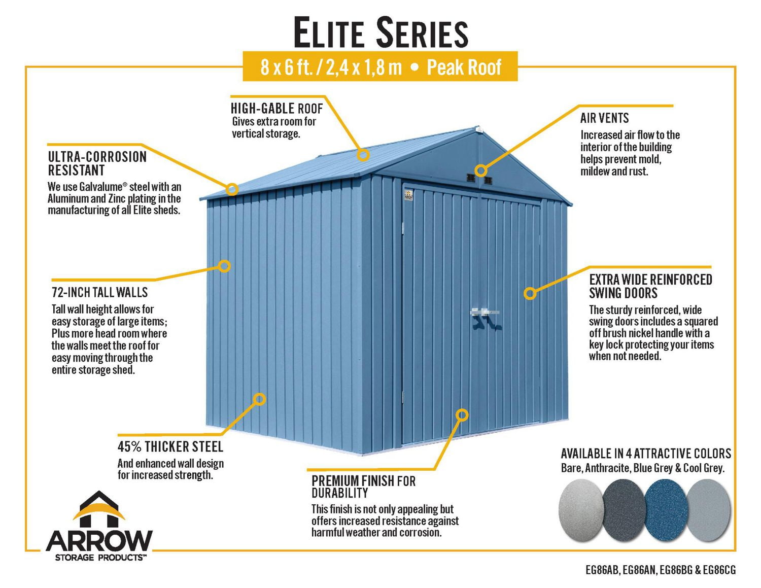 Arrow Elite Steel Storage Shed, 8x6, Galvalume